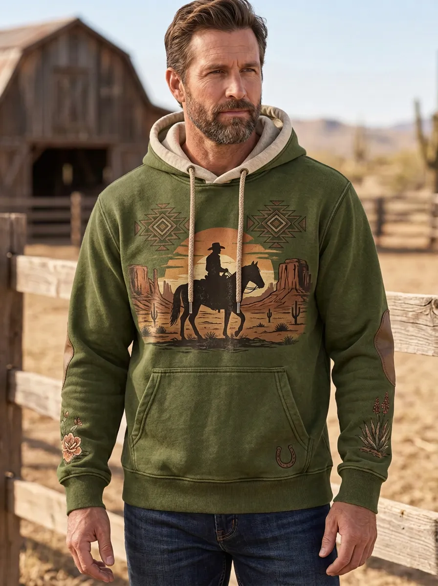 Men's Classic Western Cowboy Desert Sunset Sun Graphic Hoodie