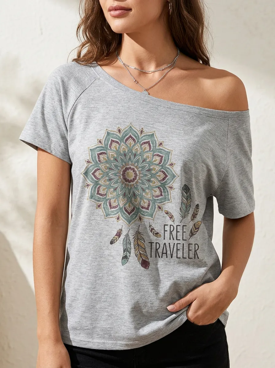 Women's Boho Traveler Mandala Feather Printed T-shirt