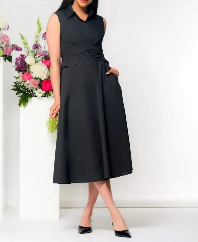 Cotton Collared Button-Front  Black Midi Dress