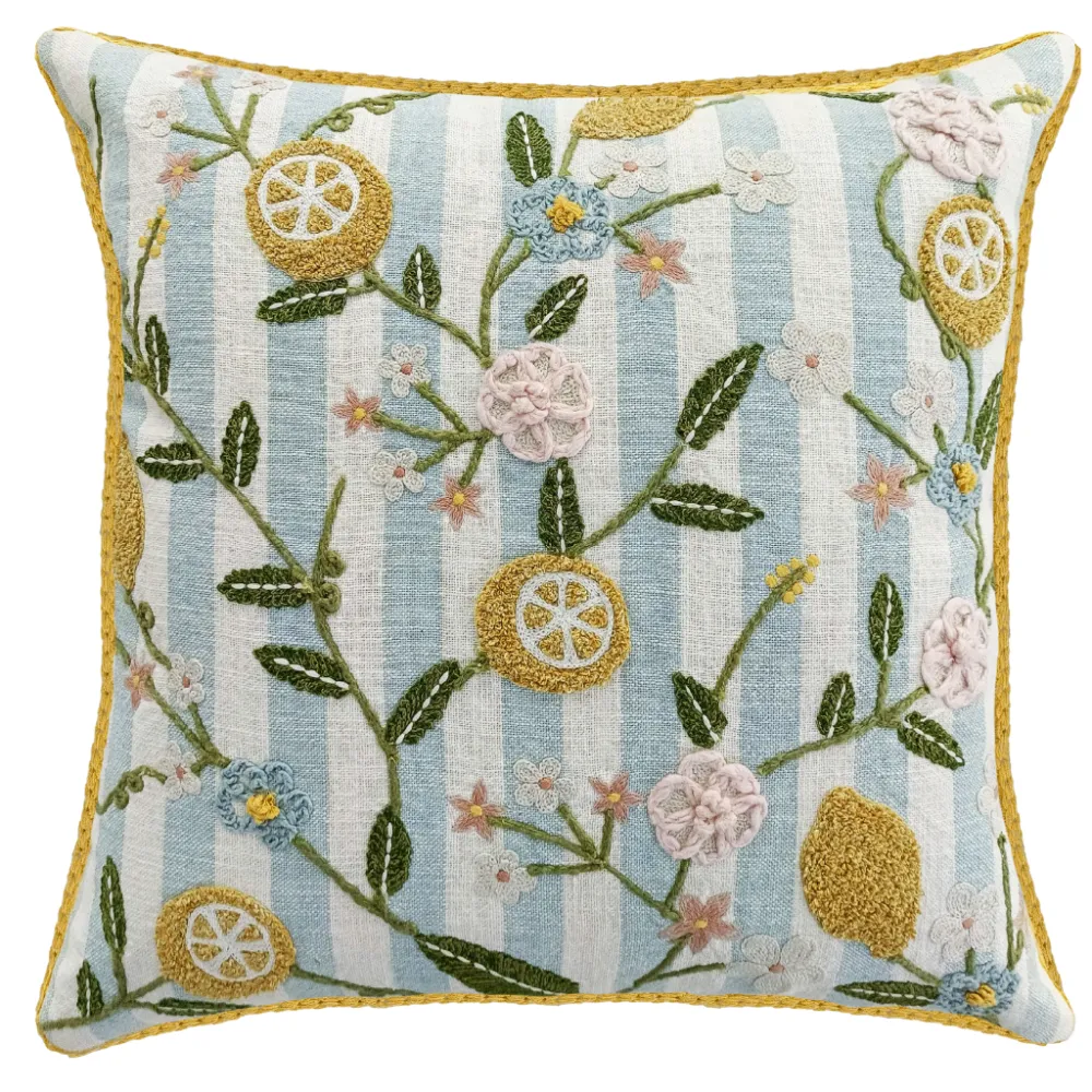 Embroidered Floral Striped Decorative Cushion Cover