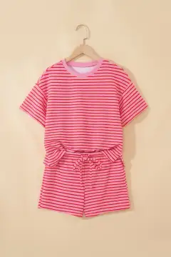 Drawstring Knit Striped Two-Piece Tee and Shorts Set