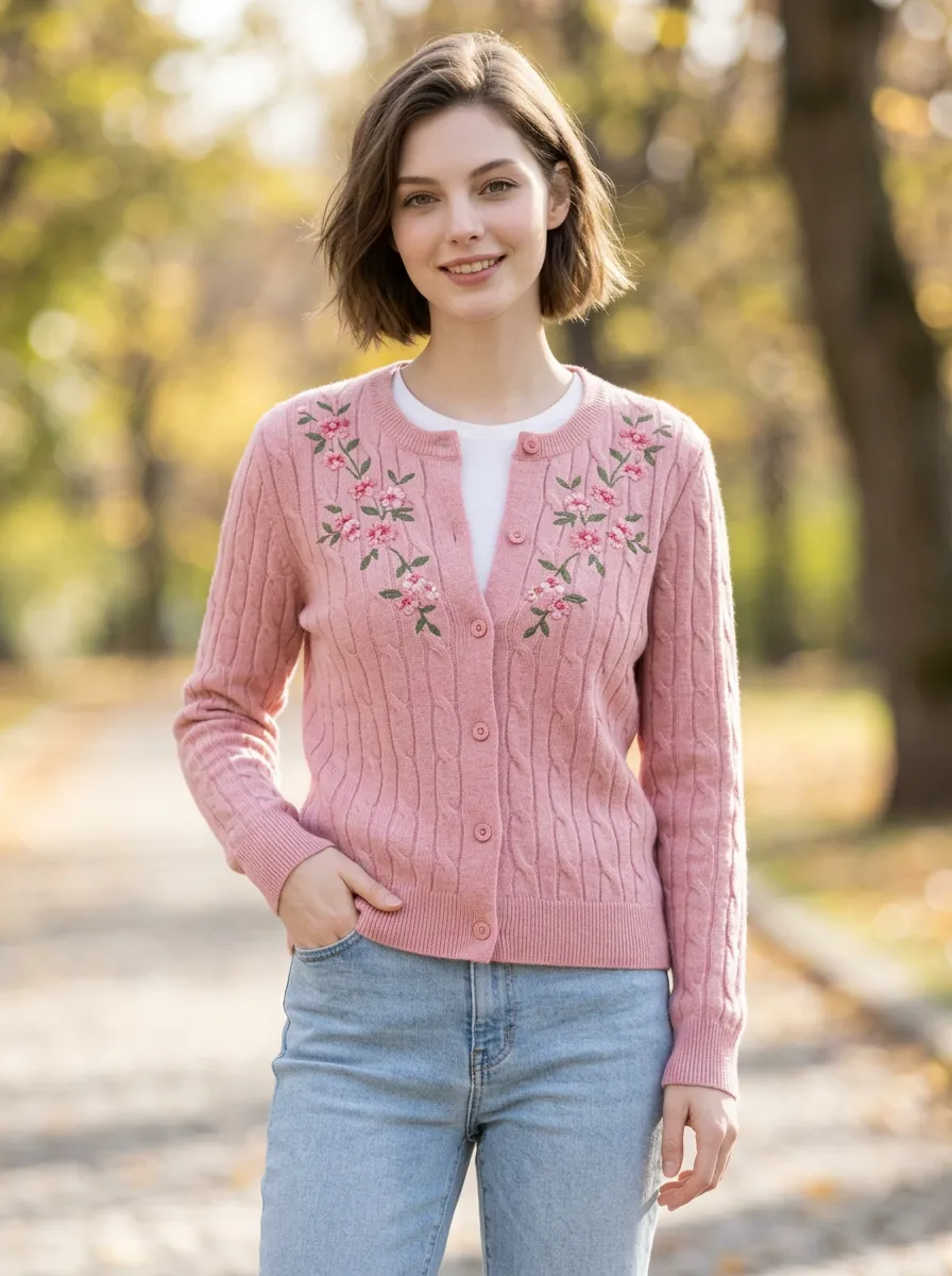 Women's Dusty Pink Floral Embroidered Cable Knit Cardigan