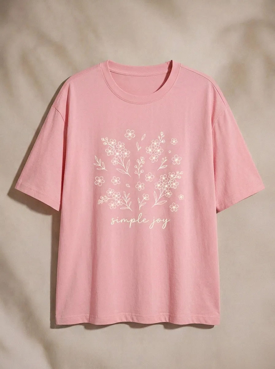 Women's Simple Joy Floral Botanical Line Art Printed T-shirt
