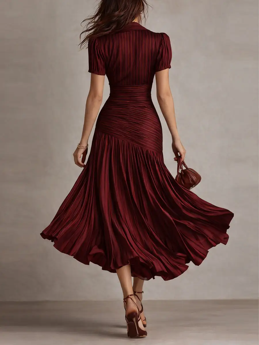 Retro Striped Satin Pleated Bodycon Midi Dress