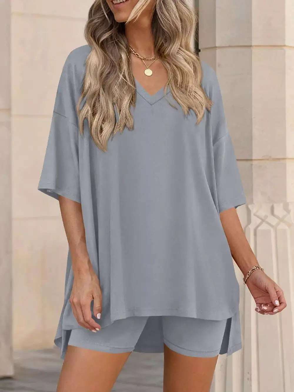 Casual Loose V Neck T Shirt Shorts Sets