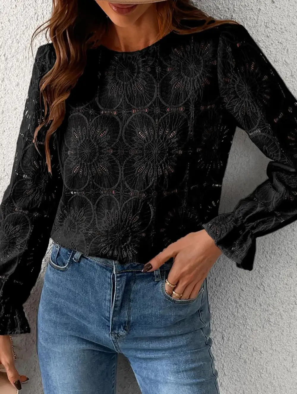 Openwork Lace Long Sleeve Blouse