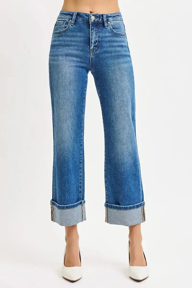 Full Size Mid Rise Crop Straight Cuffed Jeans Plus Size