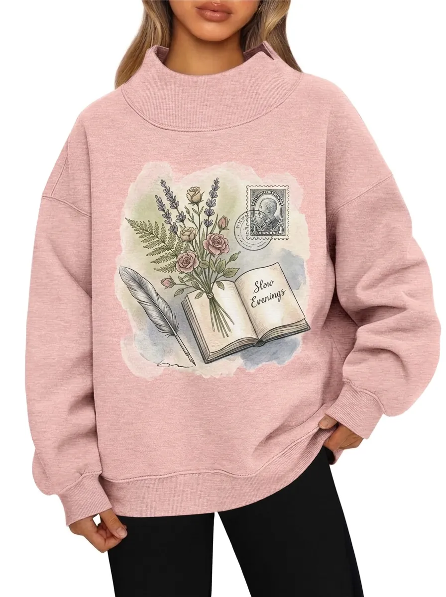 Women's Book Lover Floral Feather Stamp Printed Sweatshirt