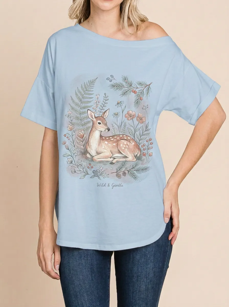 Women's Nature Lover Fawn Floral Printed T-shirt