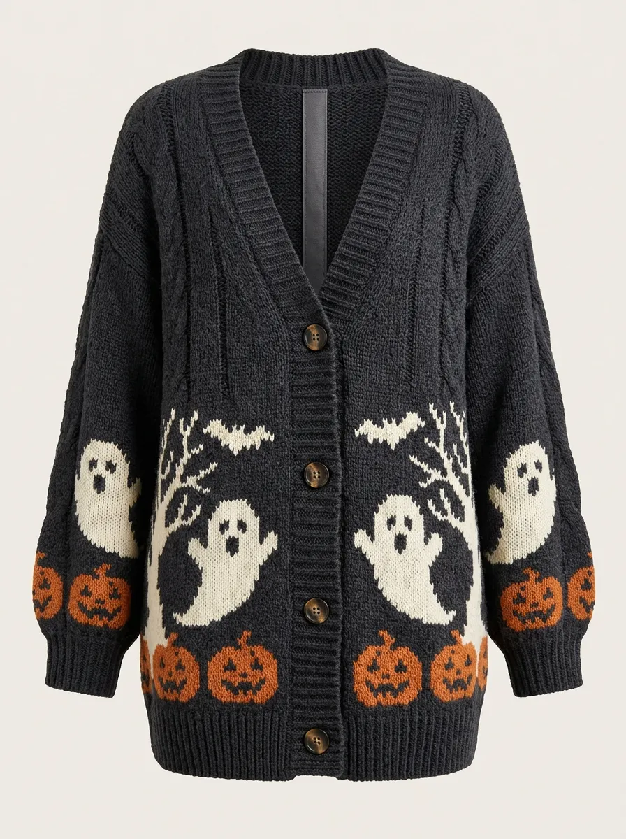 Women's Ghost Pumpkin Halloween Print Cardigan