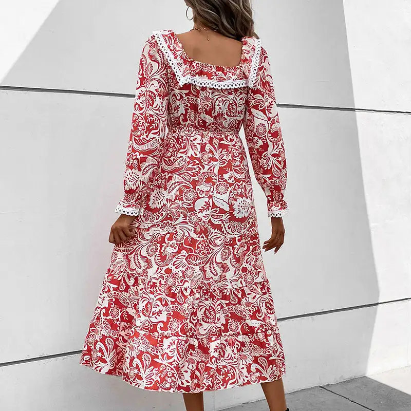 Women's Long-Sleeve Floral Ruffled Beach Maxi Dress