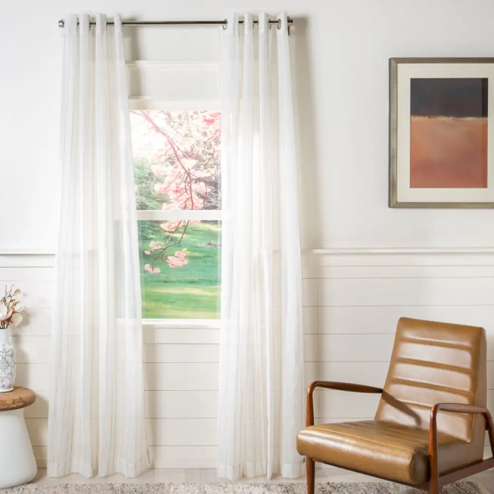 Semi-Sheer Linen-Blend Striped Eyelet Curtain Panel