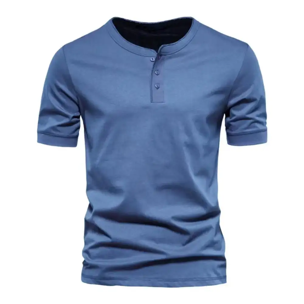 Men's Tailored Short-Sleeve Henley Shirt Cotton Blend With Button Placket