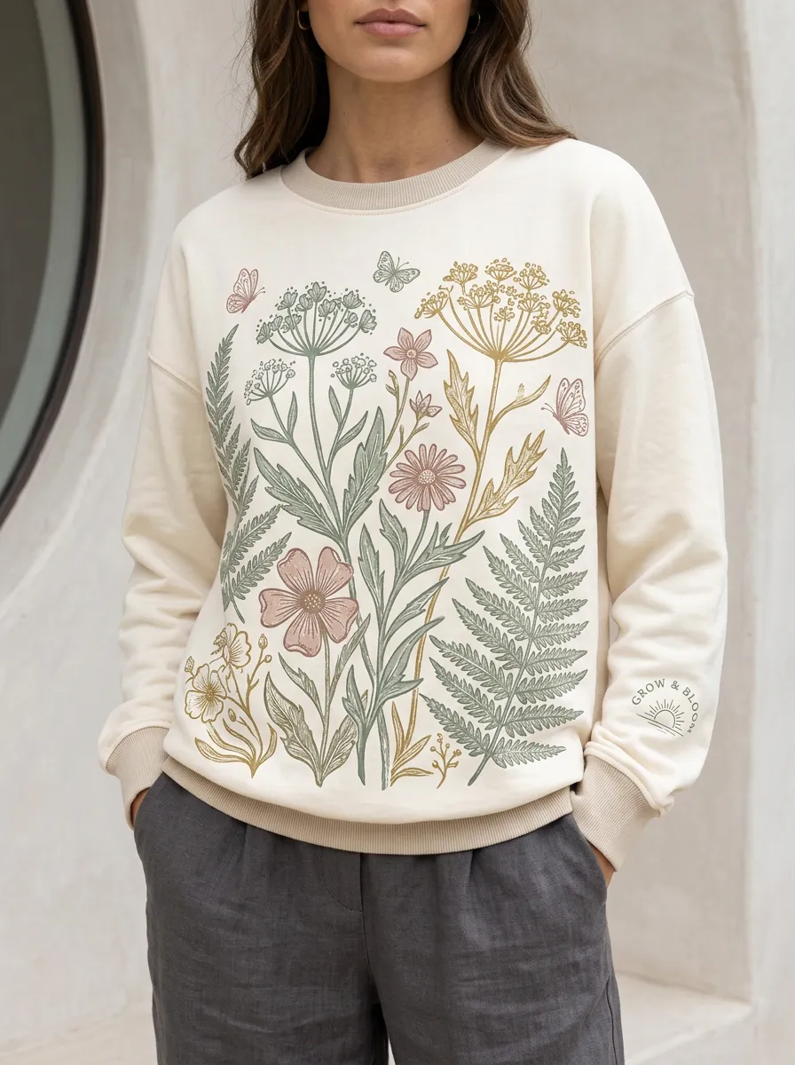 Women's Botanical Nature Lover Wildflower Butterfly Printed Sweatshirt