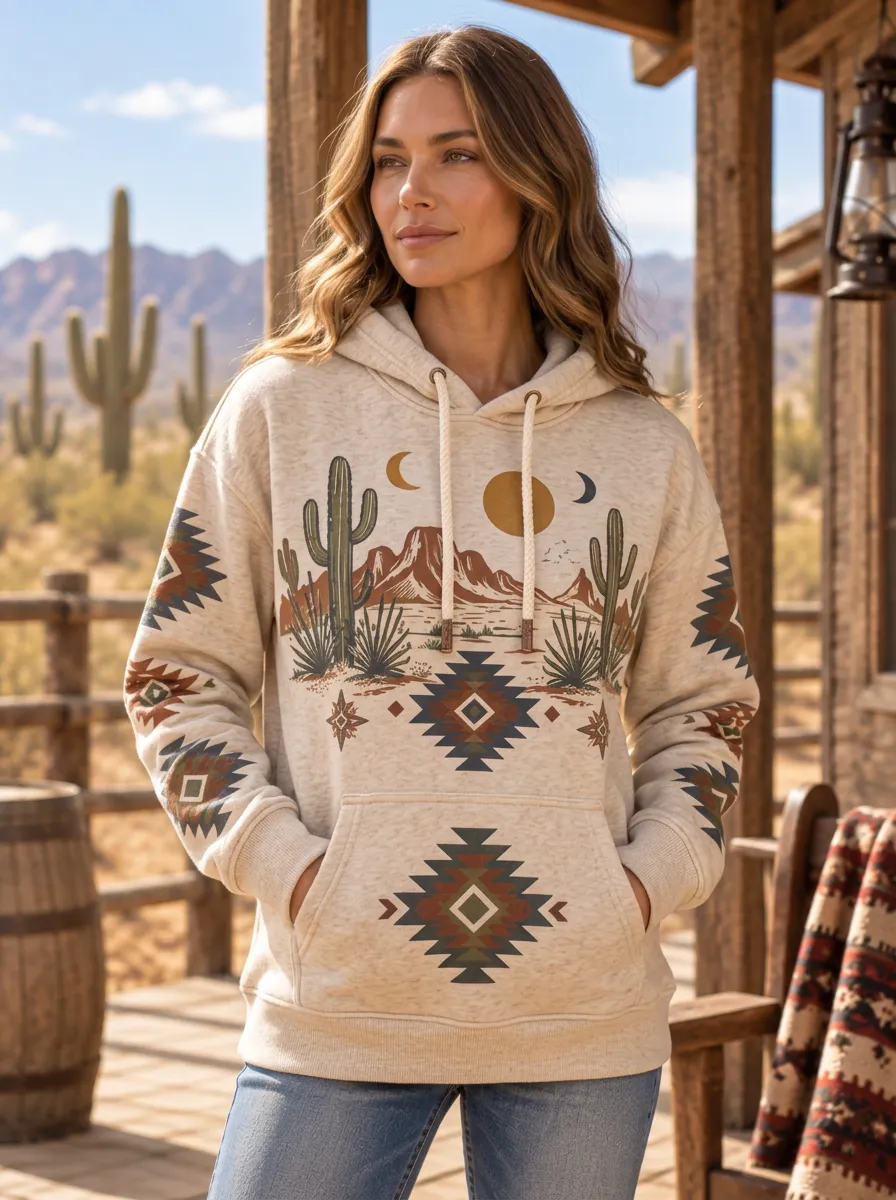 Women's Western Oatmeal Desert Graphic Print Hoodie