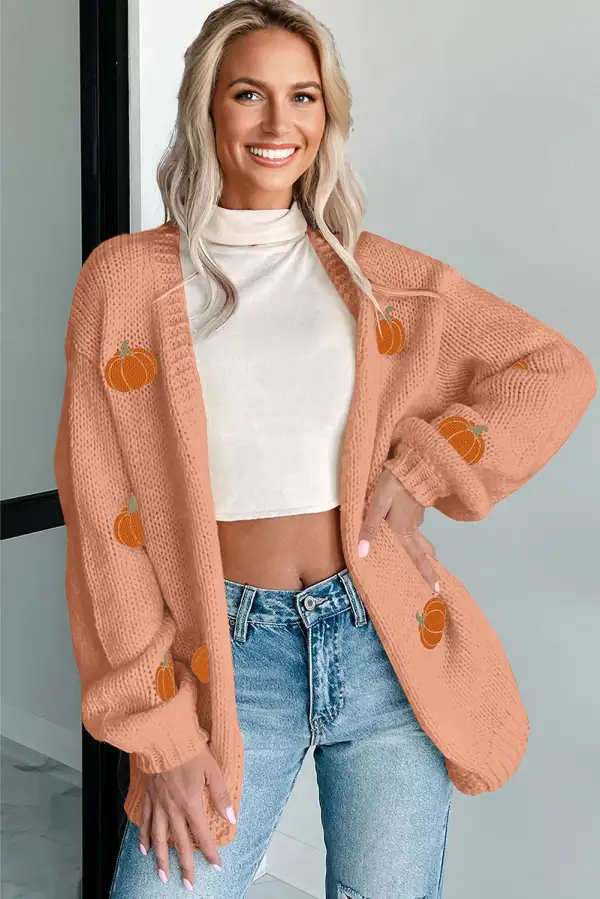 Pumpkin Tree Print Open Front Drop Shoulder Midi Cardigan