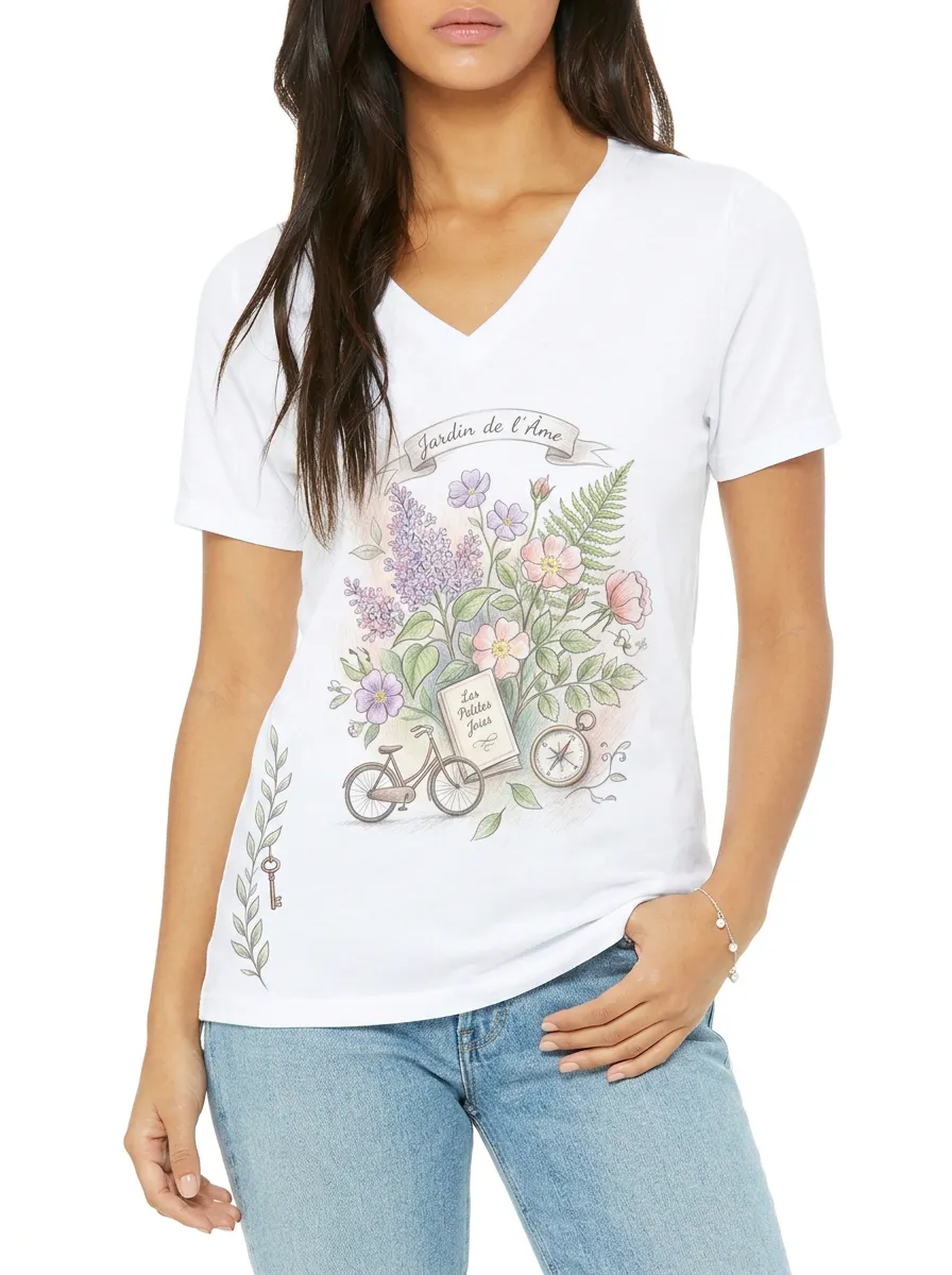 Women's Botanical Garden Bicycle Book Compass Printed V-neck T-shirt