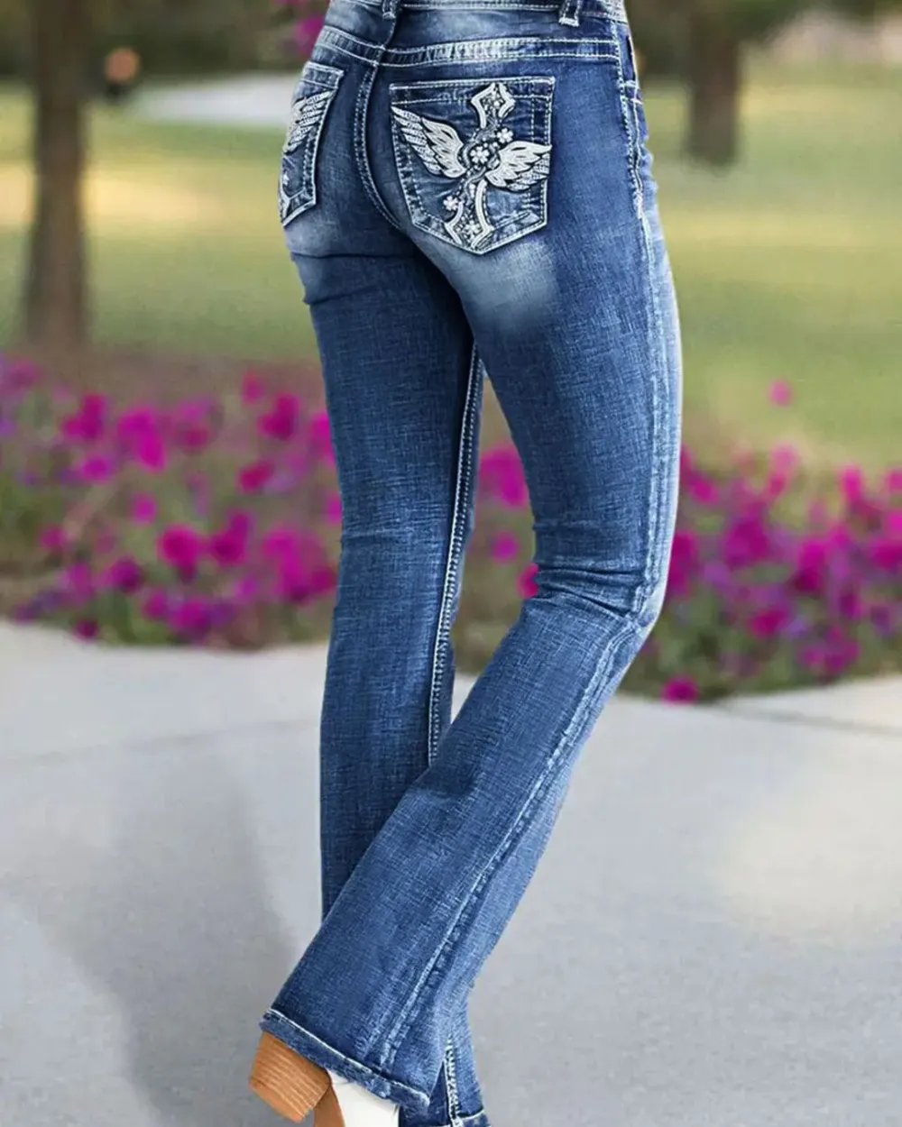 Embroidered Mid-Rise Flared Jeans