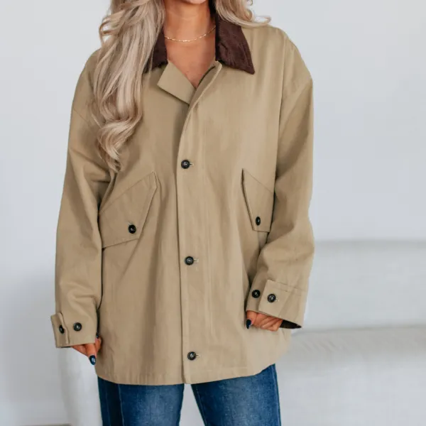 Collared Zip-Button Button-Cuff Flap-Pocket Utility Jacket
