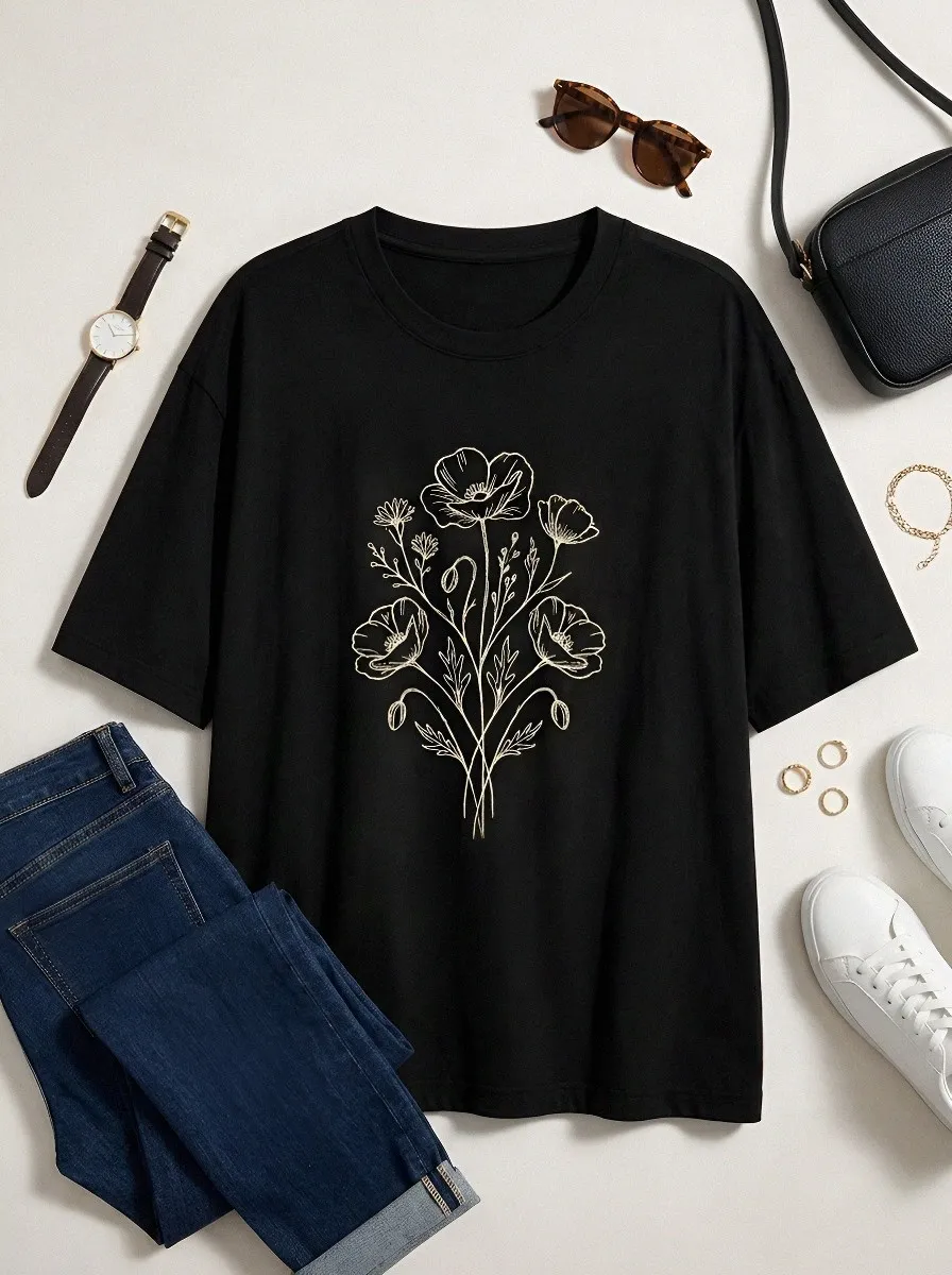 Unisex Botanical Nature Lover Poppy Flower Line Art Printed T-shirt