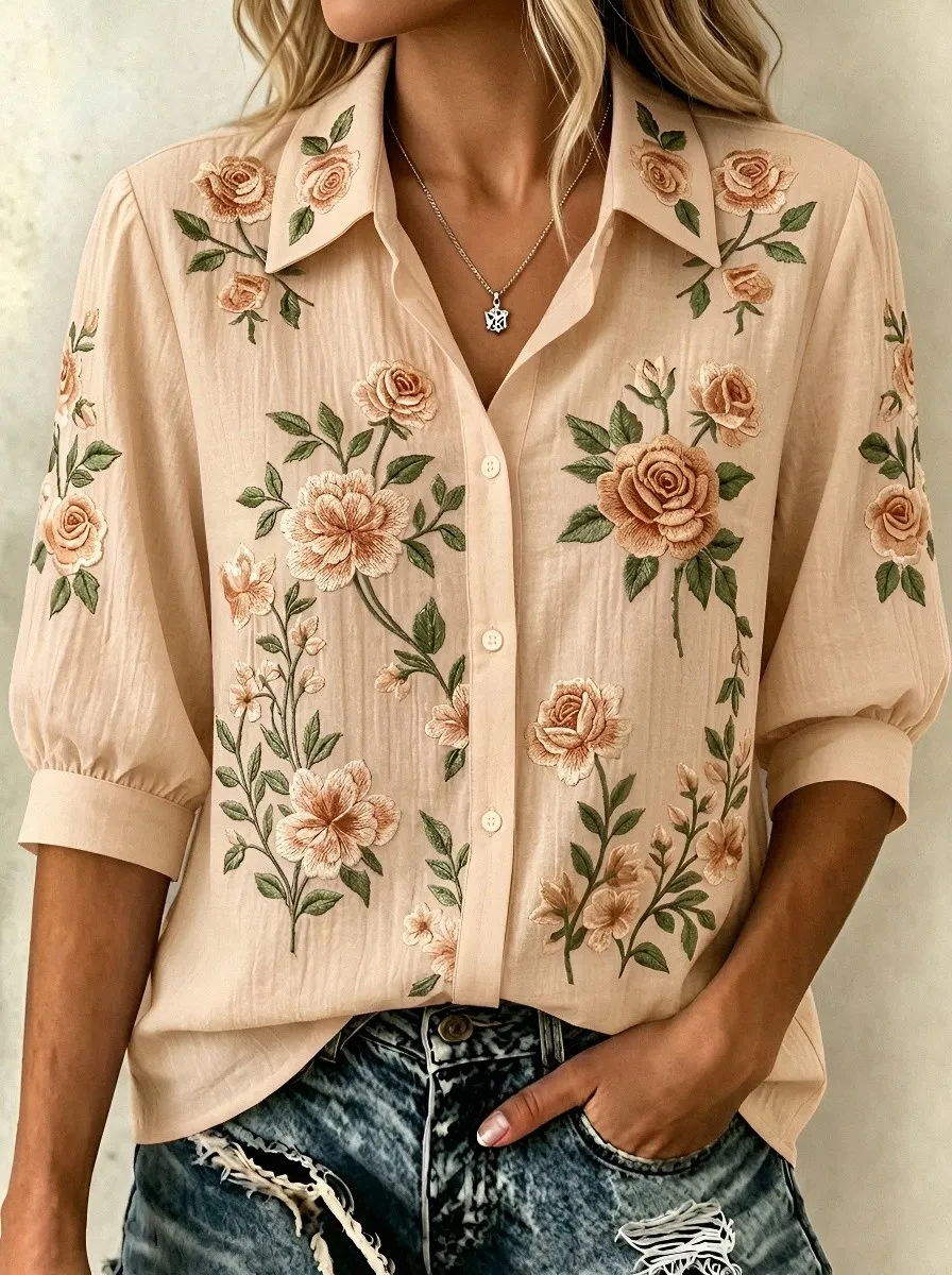Women's Breast Cancer Awareness Pink Rose Floral Embroidered Button-up Shirt