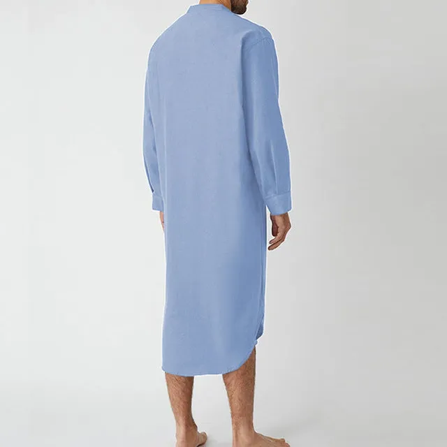 Men's Long Loose Shirt With Stand-up Collar Chest Pocket And Curved Hem