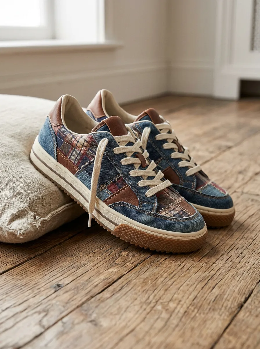 Women's Vintage Plaid Denim Patchwork Printed Sneakers