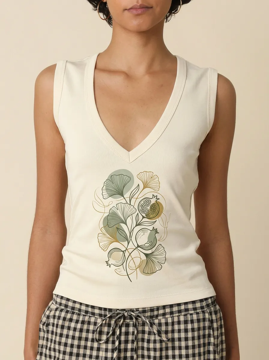 Women's Botanical Art Ginkgo Pomegranate Printed V-neck Tank Top