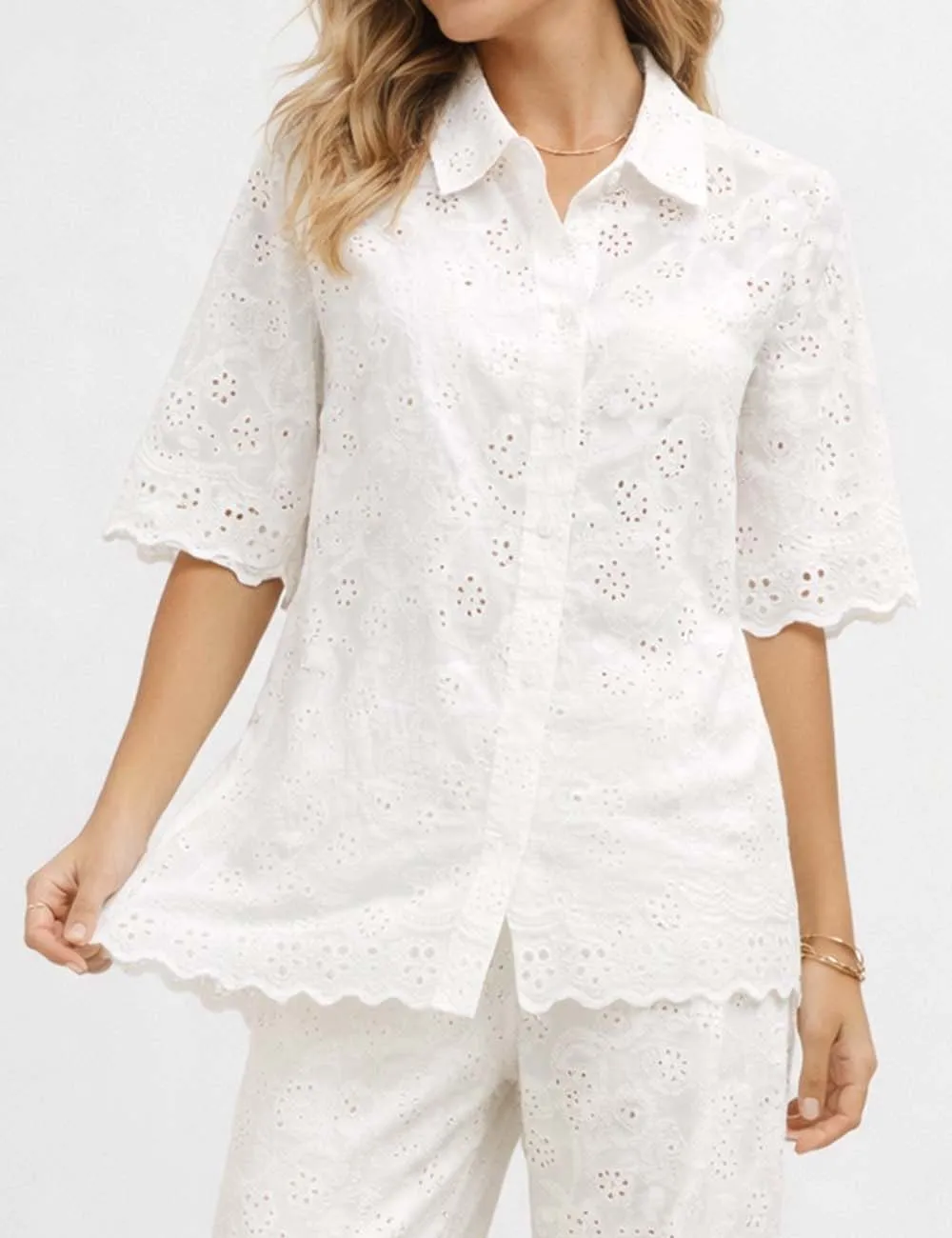 Eyelet Embroidery Scalloped Hem Blouse