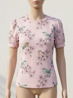 Cherry Blossom Bird Floral Women's Loose Printed T-Shirt