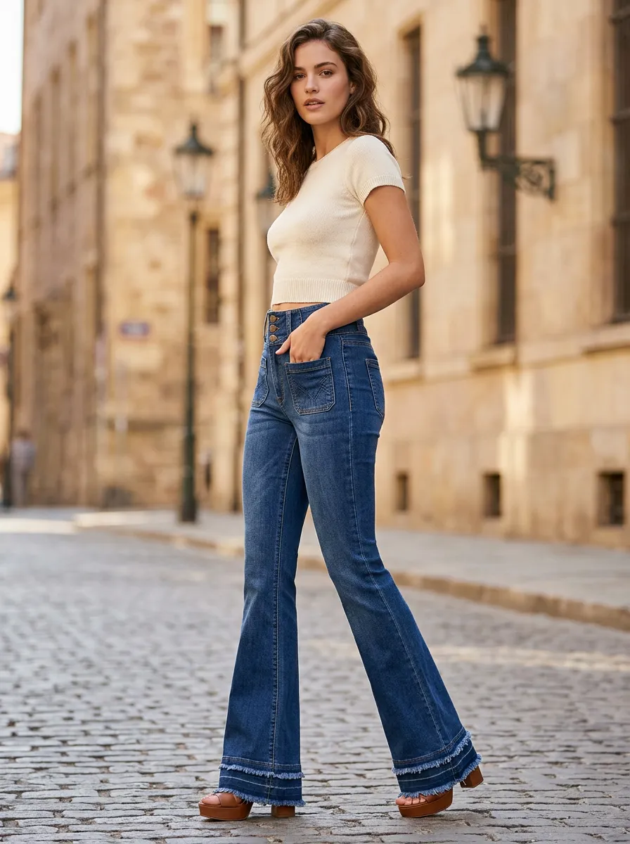 Women's Vintage Style High Waisted Frayed Hem Flared Denim Jeans