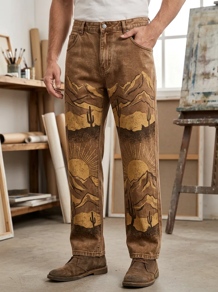 Men's Desert Landscape Cactus Mountain Printed Jeans