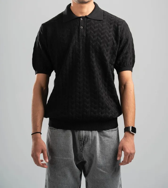 Black Textured Knit Polo Shirt