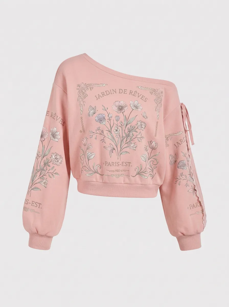 Women's French Floral Jardin De Reves Printed One-Shoulder Sweatshirt