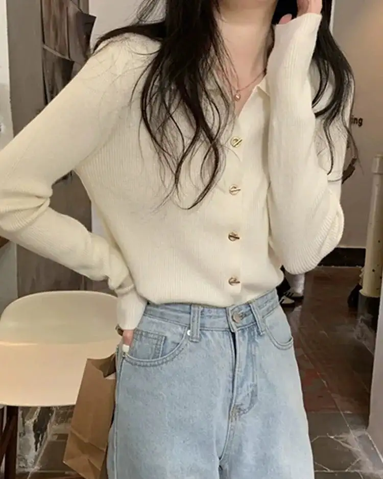 Polyester-Blend Button-Front Polo-Collar Relaxed-Fit Cardigan