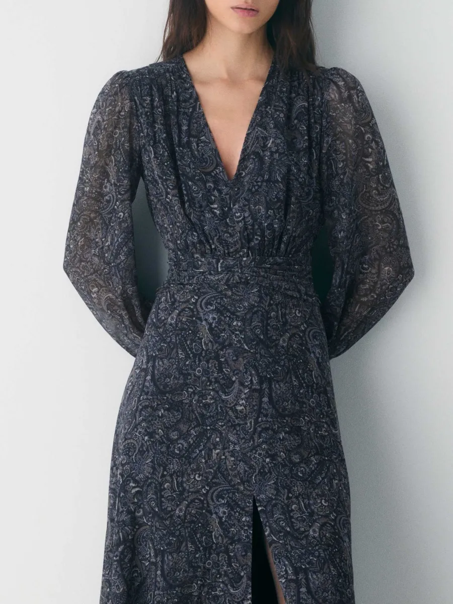 Print V-Neck Long Sleeve Dress
