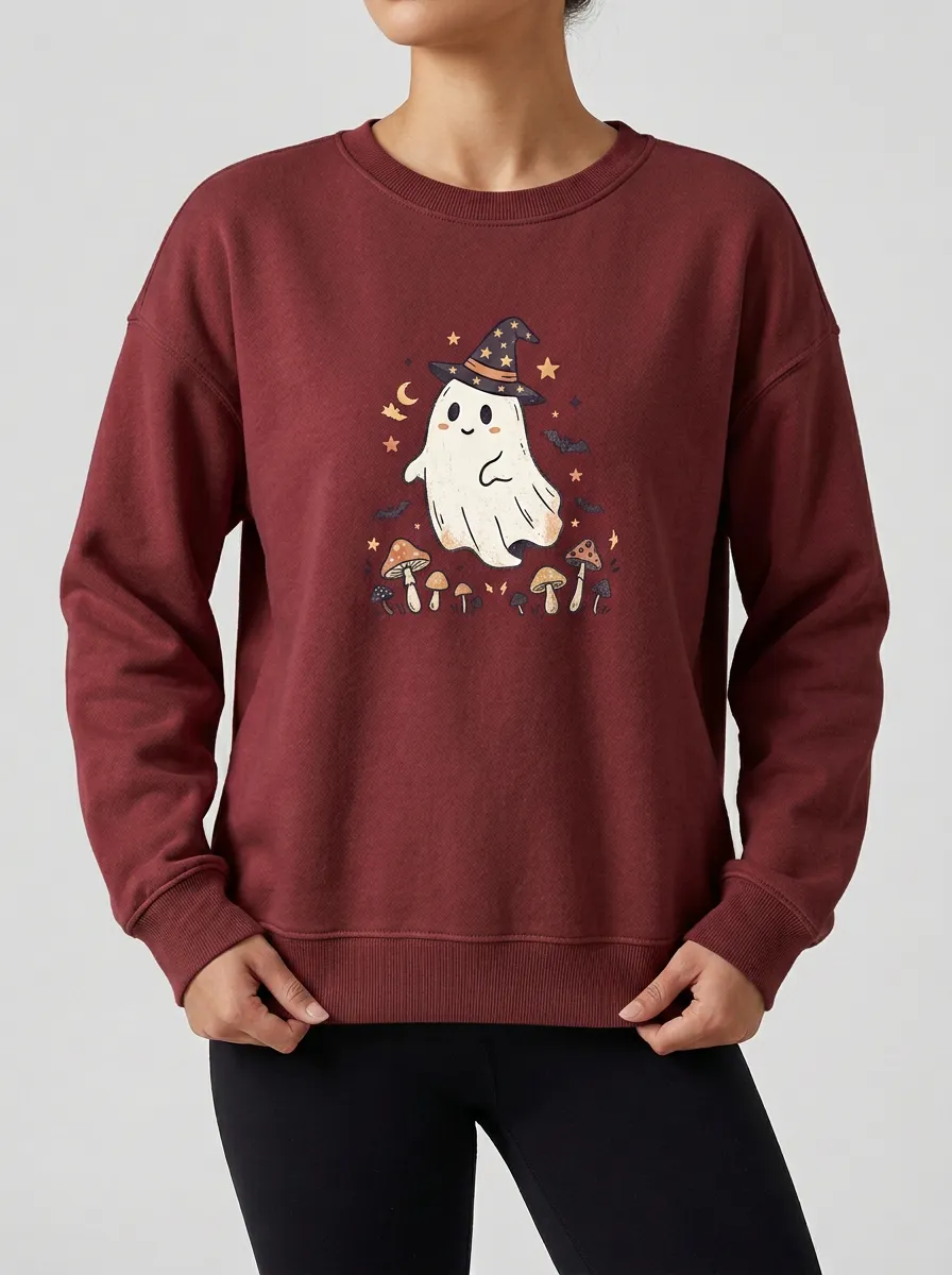 Women's Halloween Ghost Mushroom Witch Hat Printed Sweatshirt