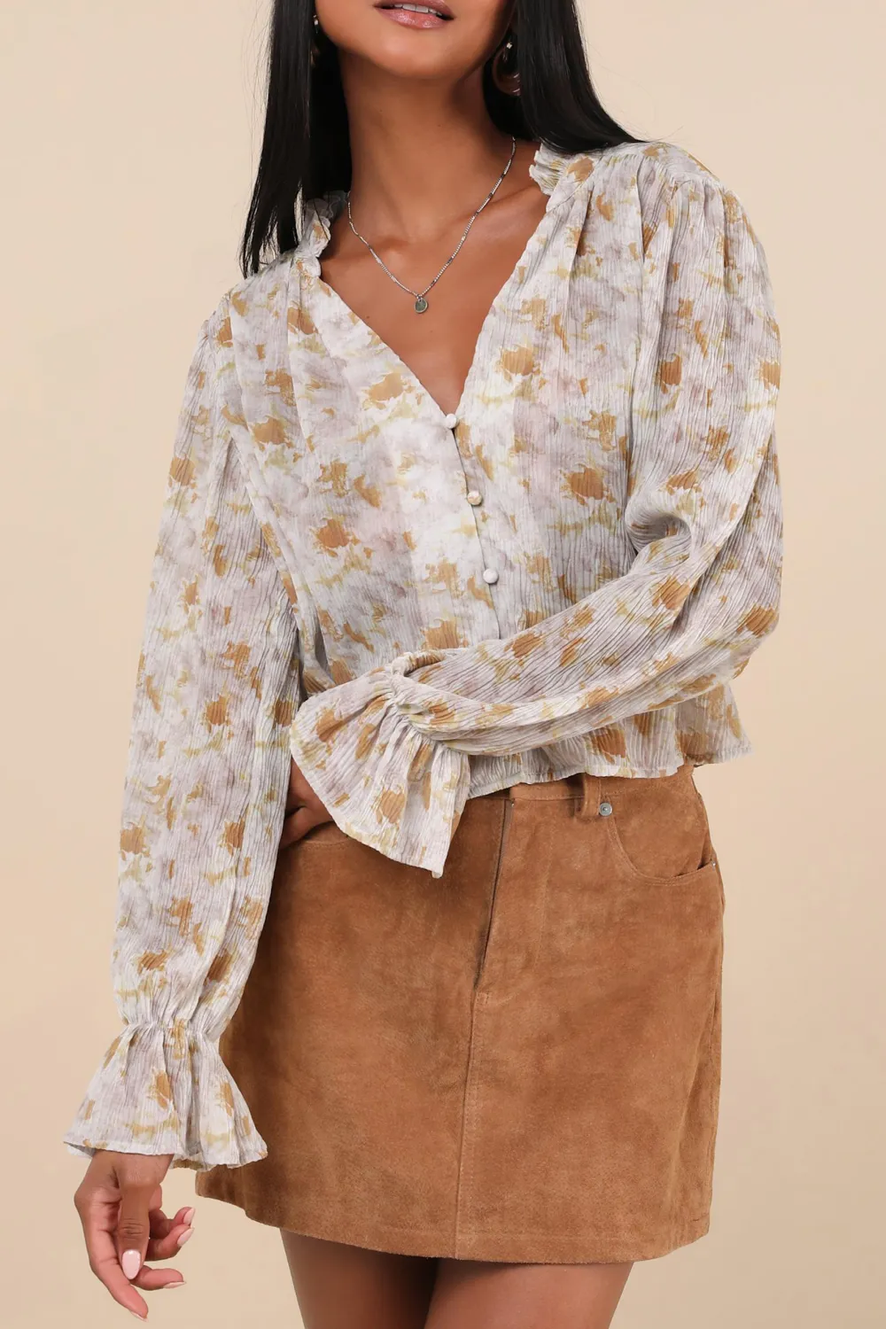 Daily Floral Print Button-Up Long Sleeve Top