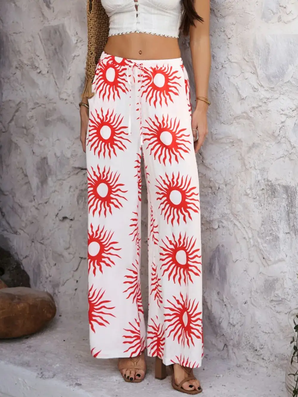 Wide Leg Drawstring Printed Pants