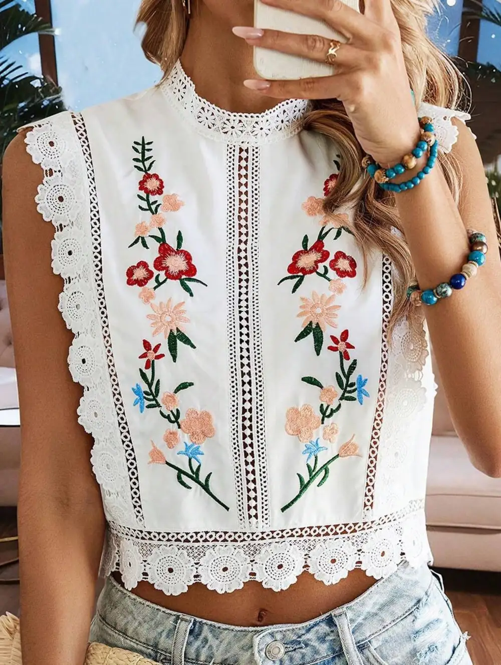 Lace Embroidered Sleeveless Blouse