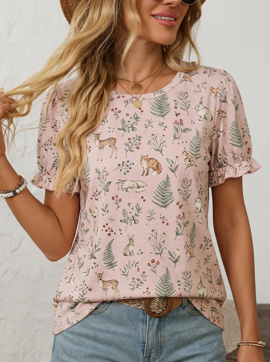 Fox Rabbit Deer Women's Loose Printed T-Shirt