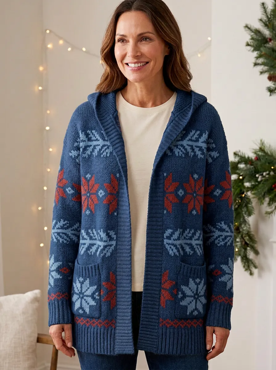 Christmas Snowflake Pine Tree Pattern Print Festive Hooded Cardigan