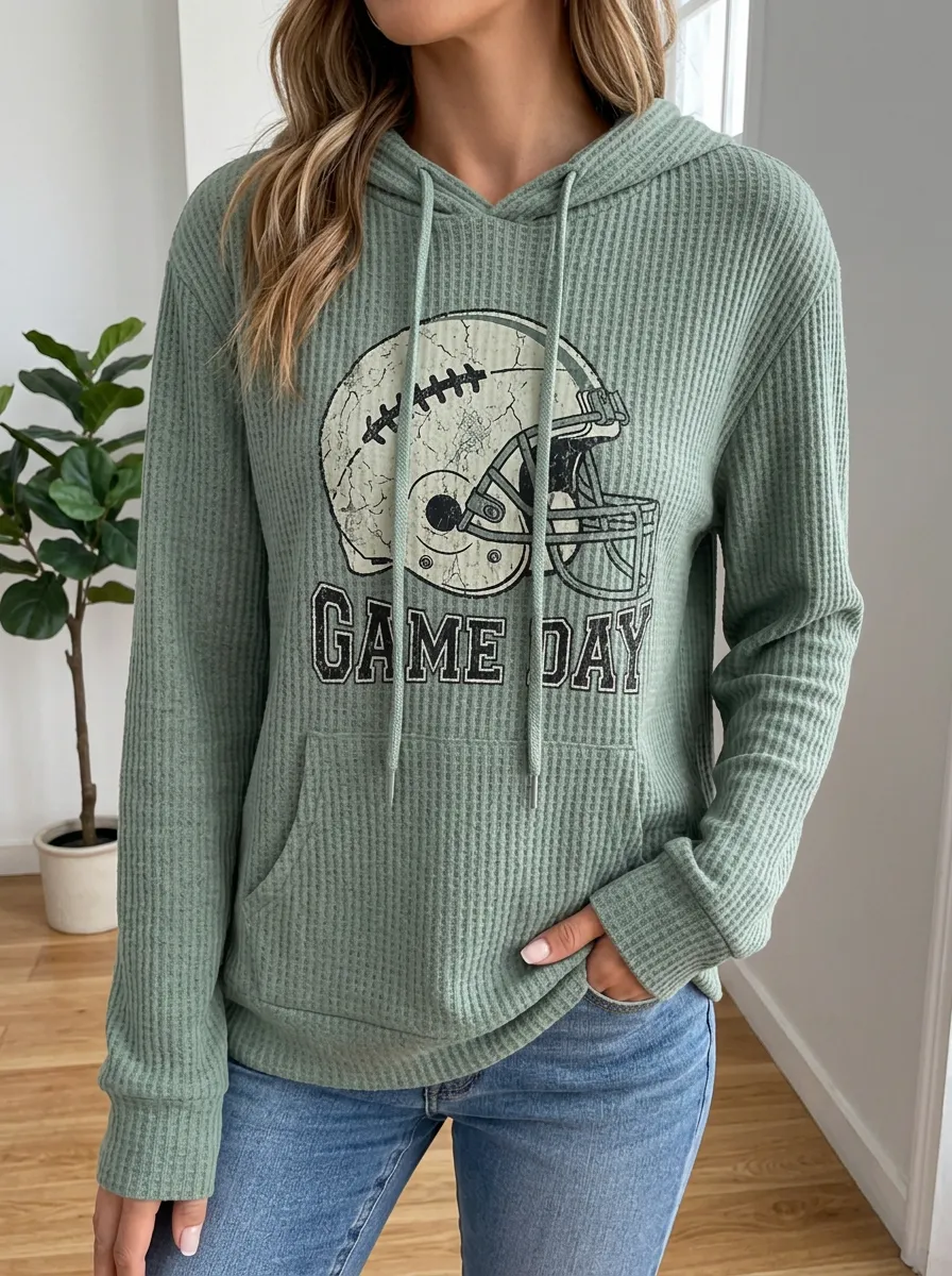 Women's Varsity Football Game Day Helmet Printed Waffle Knit Hoodie