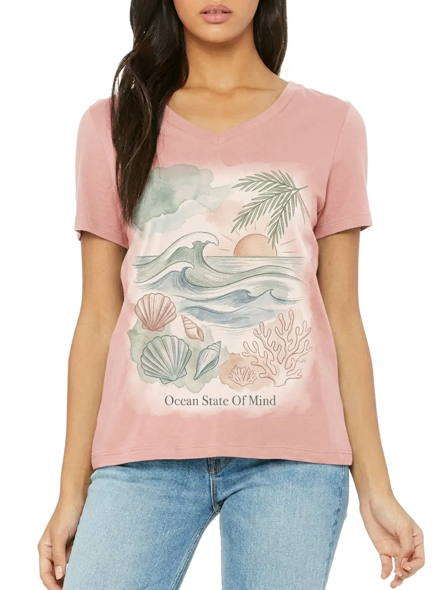 Women's Beach Lover Ocean State Of Mind Watercolor Printed V-neck T-shirt