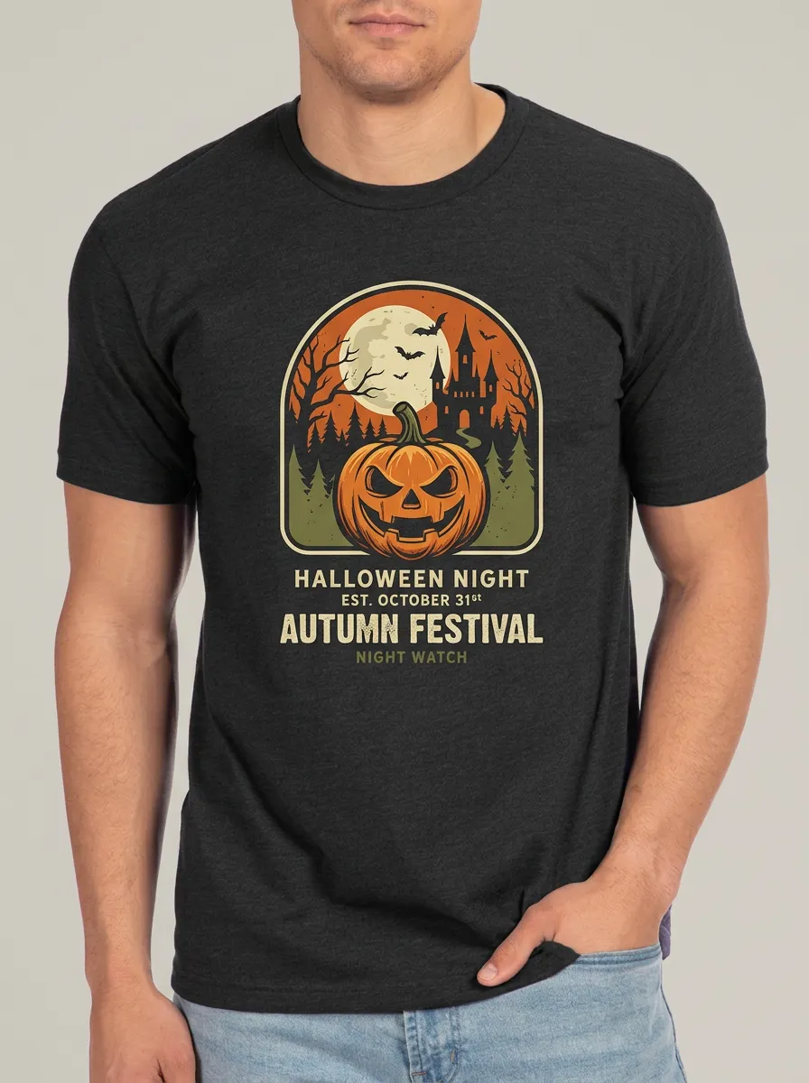Men's Halloween Pumpkin Castle Moon Printed T-shirt