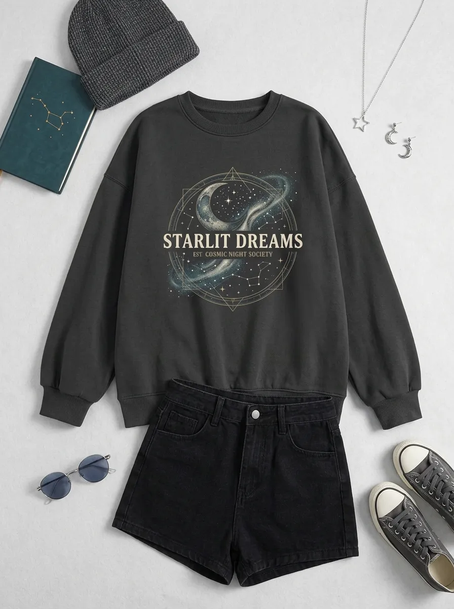 Women's Starlit Dreams Cosmic Moon Constellation Printed T-shirt