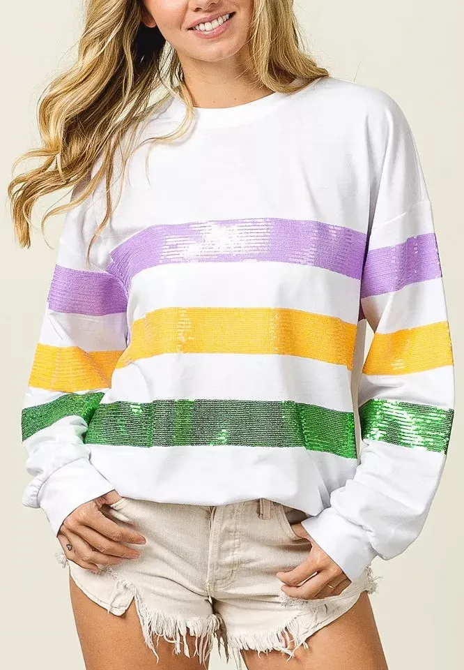 Sequin Mardi Gras Striped Round Neck Sweatshirt