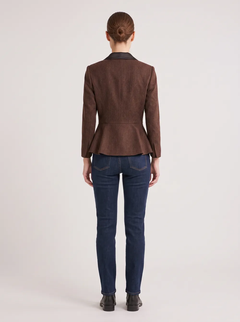 Women's Brown Peplum Satin Lapel Textured Blazer Jacket