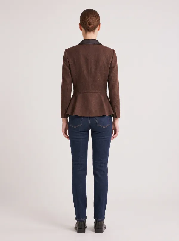 Women's Brown Peplum Satin Lapel Textured Blazer Jacket