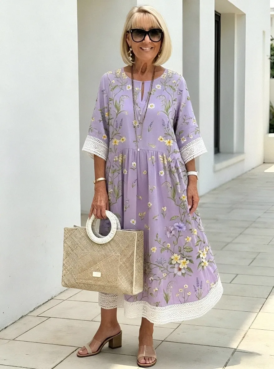 Women's Summer Vacation Floral Botanical Printed Midi Dress